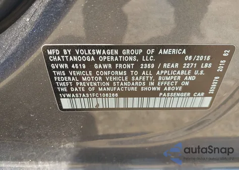 2015 Volkswagen Passat 1.8T S from USA, damaged, VIN 1VWAS7A31FC106266